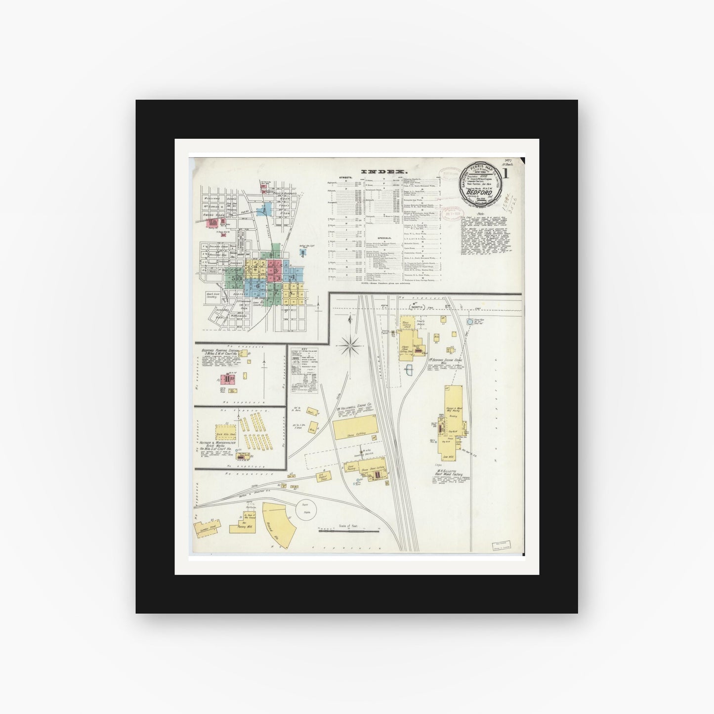 Old map wall art mockup — black gallery frame with white mat — Sanborn Fire Insurance Map from Bedford, Lawrence County, Indiana (1898) - Complete Map Set