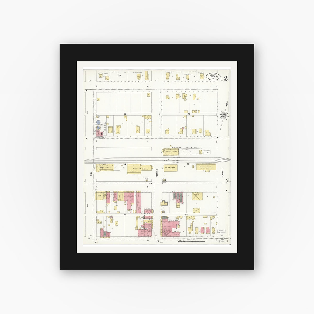 Old map wall art mockup — black gallery frame with white mat — Sanborn Fire Insurance Map from Lemoore, Kings County, California (1909), Sheet #0002