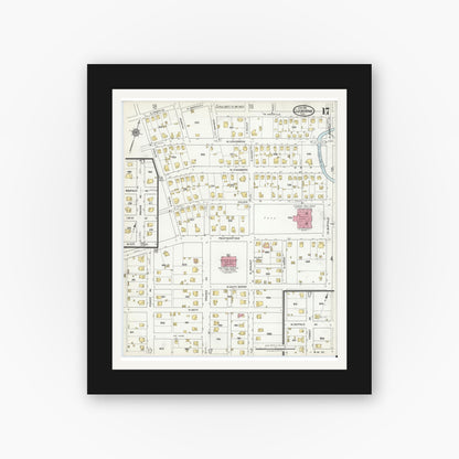 Old map wall art mockup — black gallery frame with white mat — Sanborn Fire Insurance Map from Cleburne, Johnson County, Texas (1918), Sheet #0017