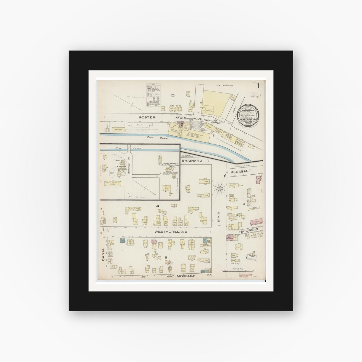 Old map wall art mockup — black gallery frame with white mat — Sanborn Fire Insurance Map from Whitesboro, Oneida County, New York (1885) - Complete Map Set