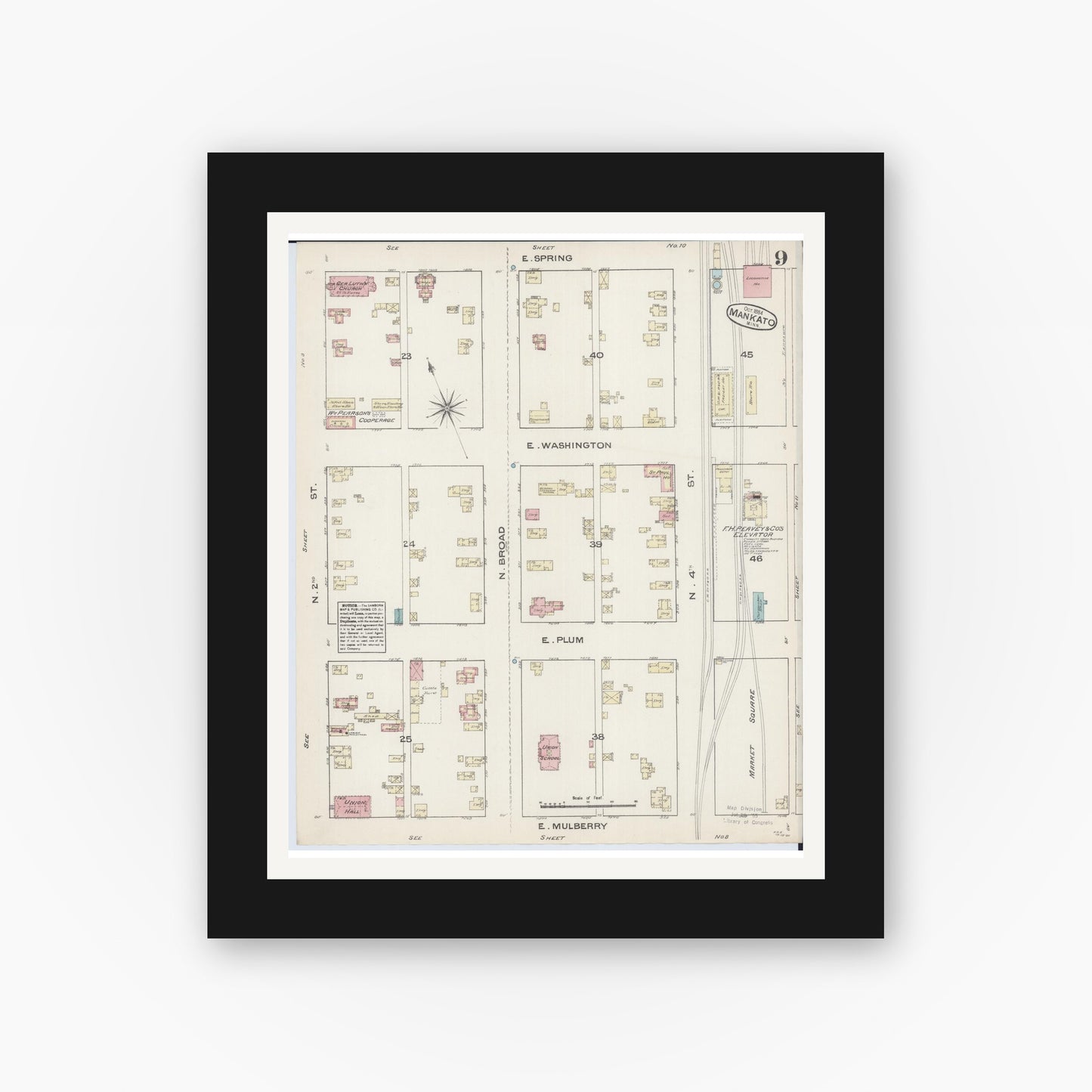 Old map wall art mockup — black gallery frame with white mat — Sanborn Fire Insurance Map from Mankato, Blue Earth County, Minnesota (1884), Sheet #0009