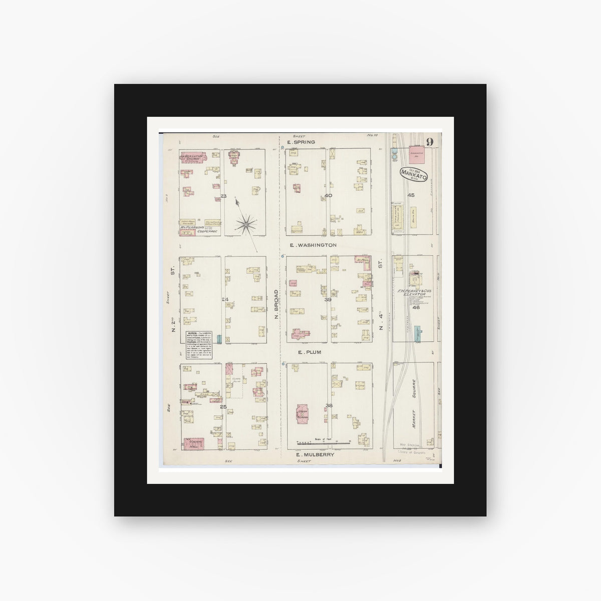 Old map wall art mockup — black gallery frame with white mat — Sanborn Fire Insurance Map from Mankato, Blue Earth County, Minnesota (1884), Sheet #0009