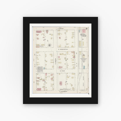 Old map wall art mockup — black gallery frame with white mat — Sanborn Fire Insurance Map from Mankato, Blue Earth County, Minnesota (1884), Sheet #0009