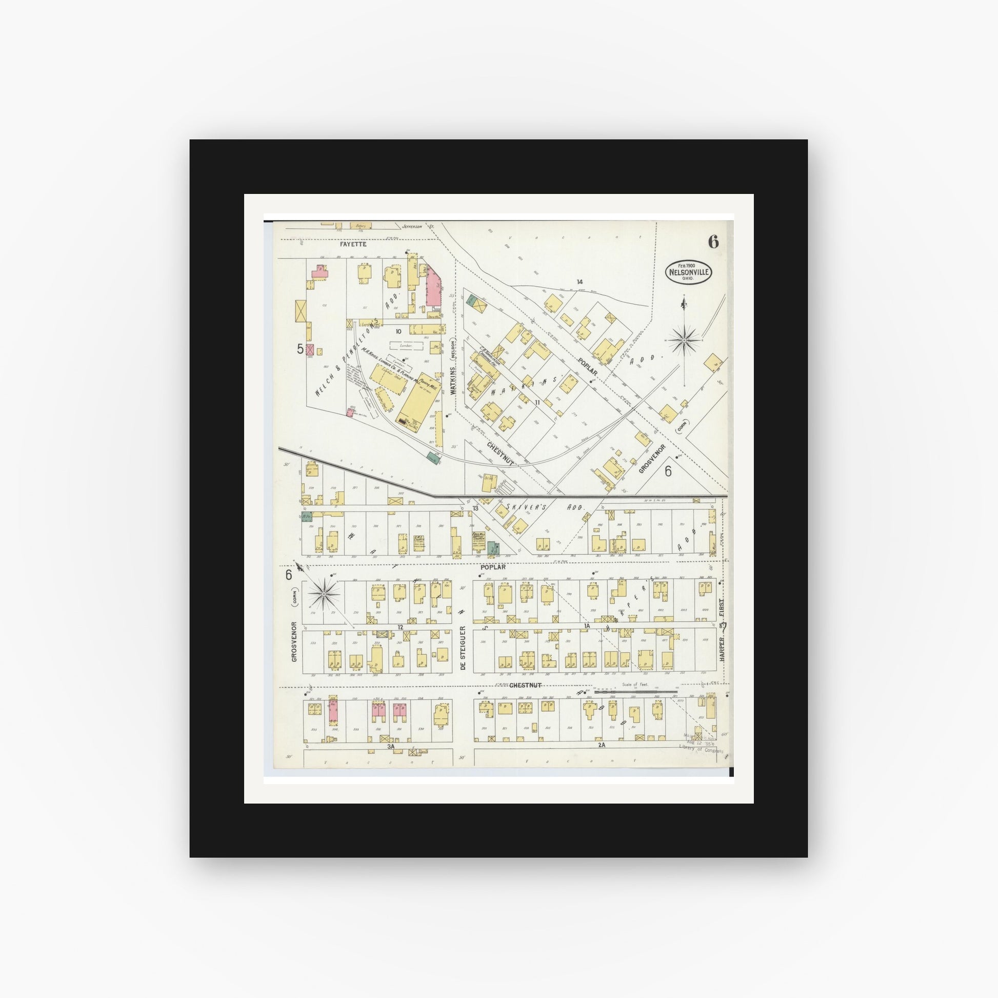 Old map wall art mockup — black gallery frame with white mat — Sanborn Fire Insurance Map from Nelsonville, Athens County, Ohio (1900), Sheet #0006