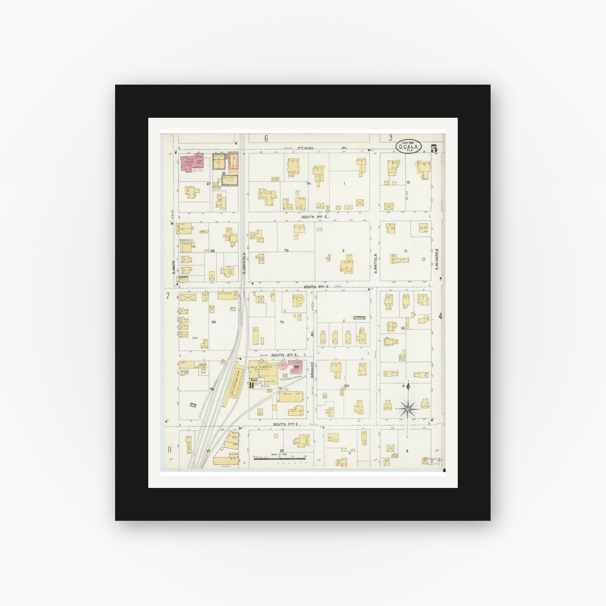 Old map wall art mockup — black gallery frame with white mat — Sanborn Fire Insurance Map from Ocala, Marion County, Florida (1906), Sheet #0005