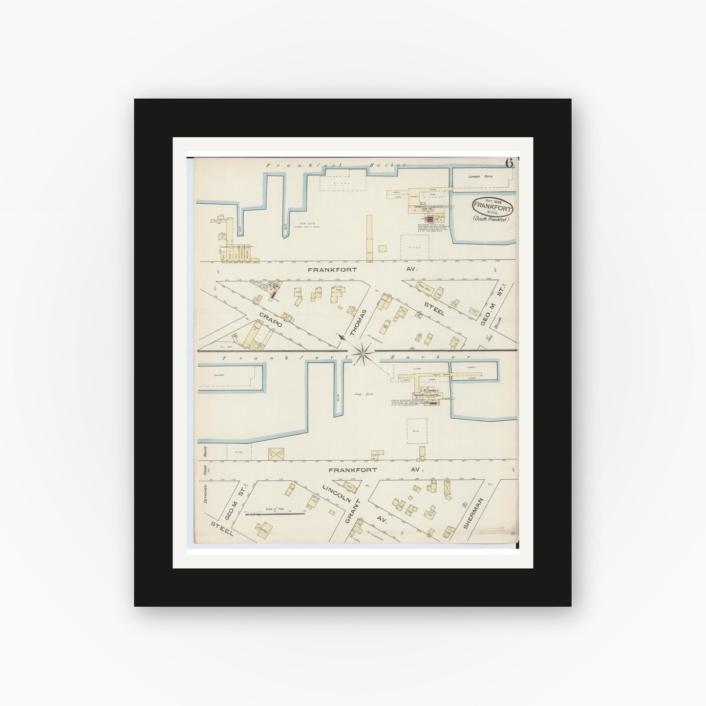 Old map wall art mockup — black gallery frame with white mat — Sanborn Fire Insurance Map from Frankfort, Benzie County, Michigan (1885), Sheet #0006