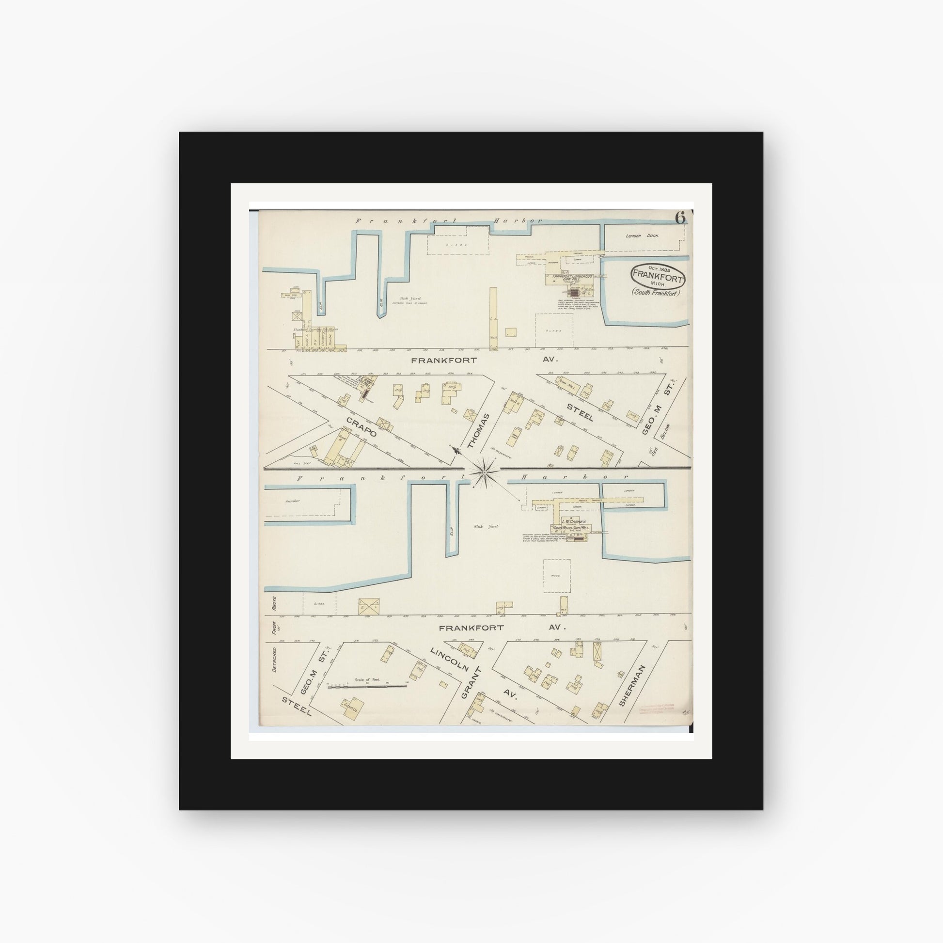 Old map wall art mockup — black gallery frame with white mat — Sanborn Fire Insurance Map from Frankfort, Benzie County, Michigan (1885), Sheet #0006
