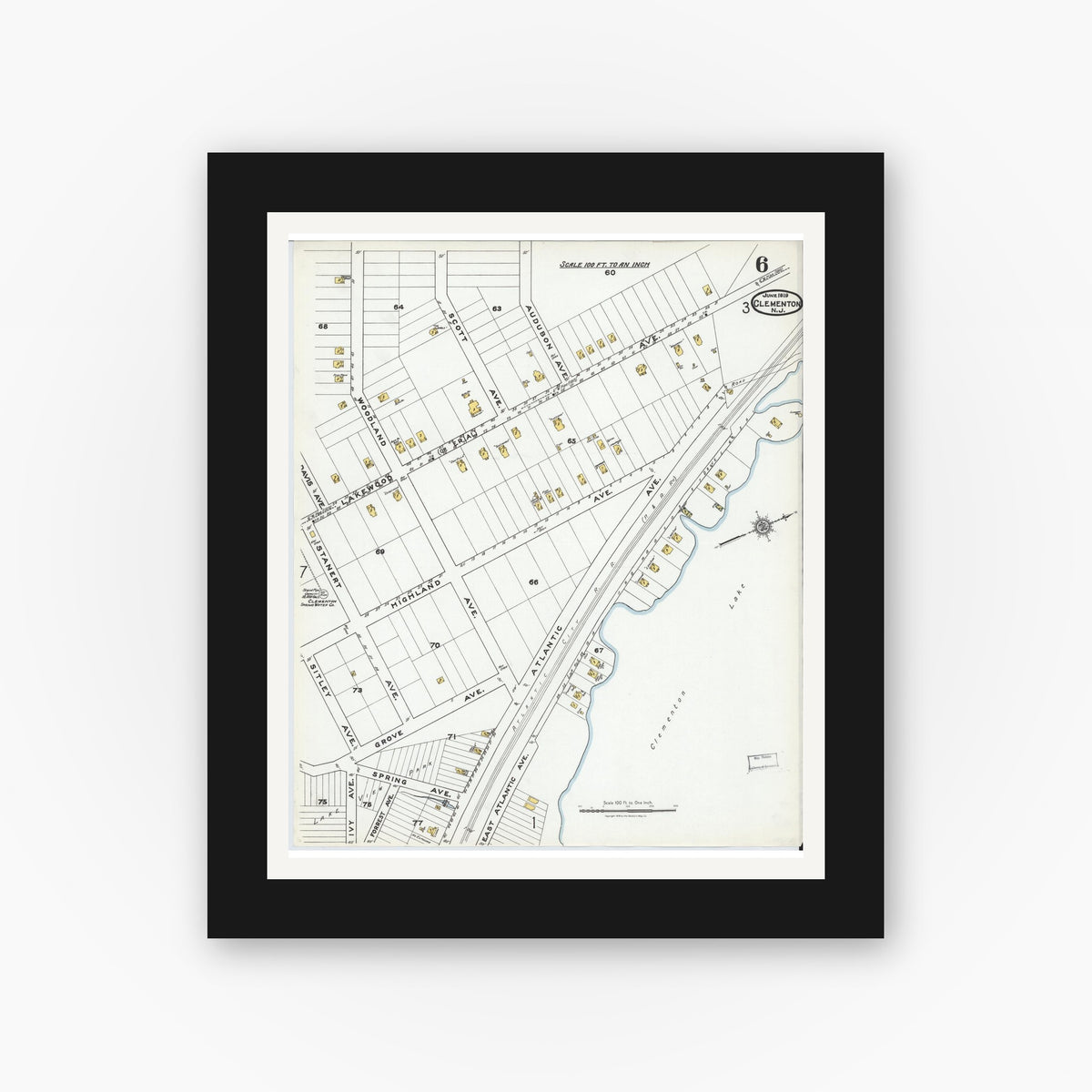 Old map wall art mockup — black gallery frame with white mat — Sanborn Fire Insurance Map from Clementon, Camden County, New Jersey (1919), Sheet #0006