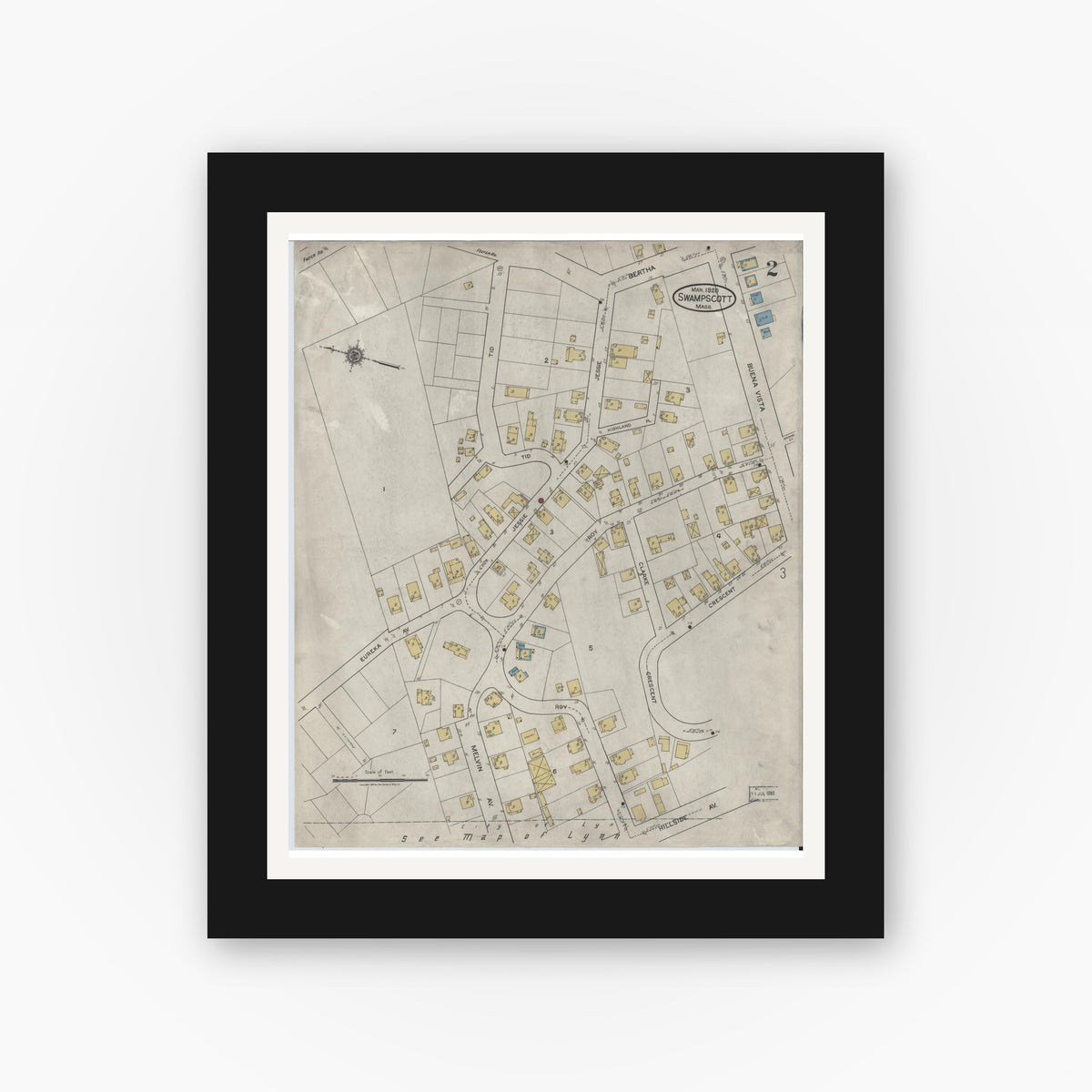 Old map wall art mockup — black gallery frame with white mat — Sanborn Fire Insurance Map from Swampscott, Essex County, Massachusetts (1920), Sheet #0002