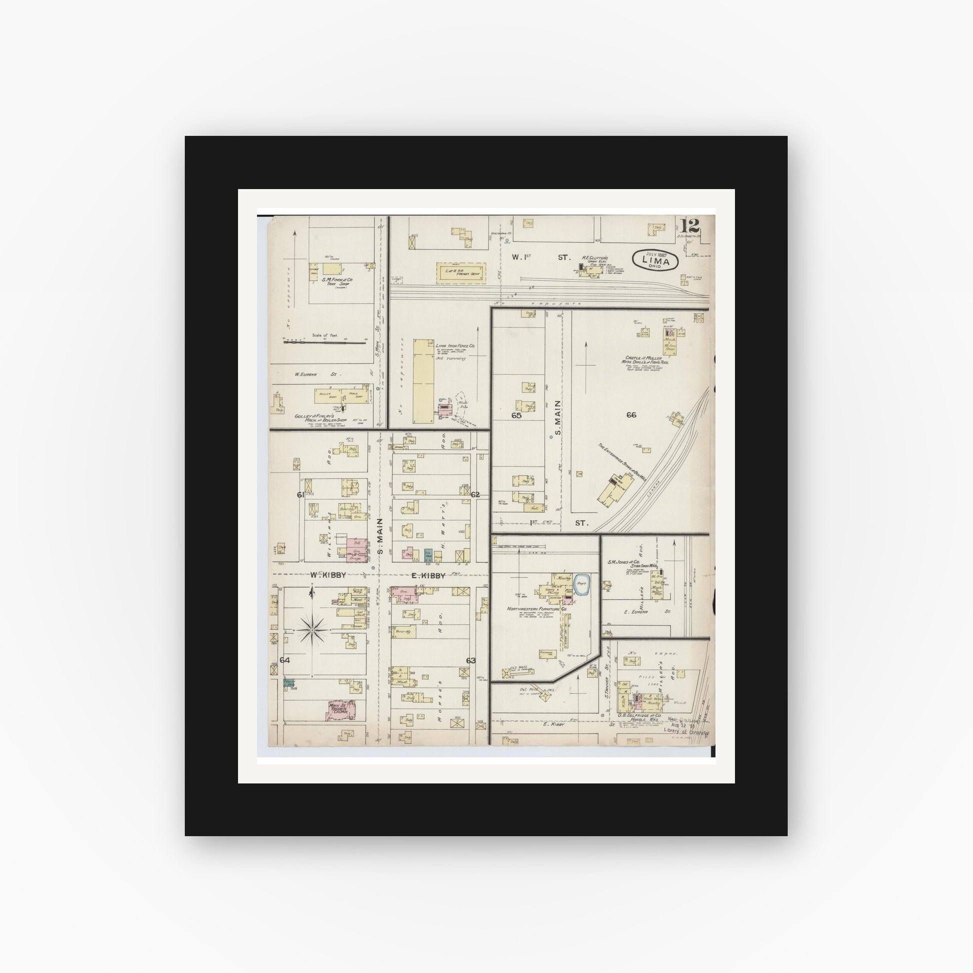 Old map wall art mockup — black gallery frame with white mat — Sanborn Fire Insurance Map from Lima, Allen County, Ohio (1887), Sheet #0012