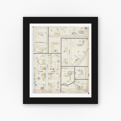 Old map wall art mockup — black gallery frame with white mat — Sanborn Fire Insurance Map from Lima, Allen County, Ohio (1887), Sheet #0012