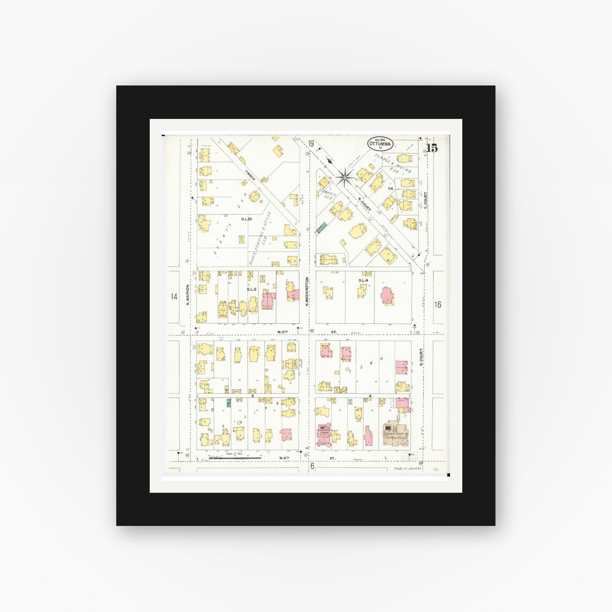 Old map wall art mockup — black gallery frame with white mat — Sanborn Fire Insurance Map from Ottumwa, Wapello County, Iowa (1902), Sheet #0015