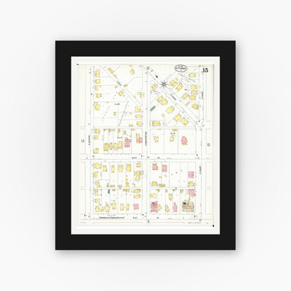 Old map wall art mockup — black gallery frame with white mat — Sanborn Fire Insurance Map from Ottumwa, Wapello County, Iowa (1902), Sheet #0015