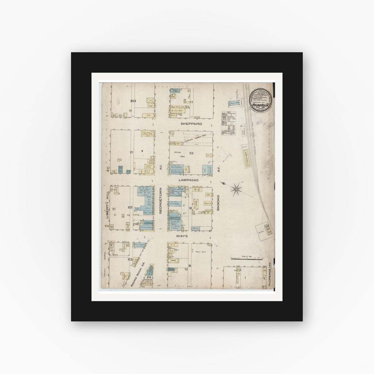 Old map wall art mockup — black gallery frame with white mat — Sanborn Fire Insurance Map from Round Rock, Williamson County, Texas (1885), Sheet #0001