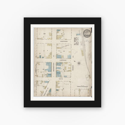 Old map wall art mockup — black gallery frame with white mat — Sanborn Fire Insurance Map from Round Rock, Williamson County, Texas (1885), Sheet #0001