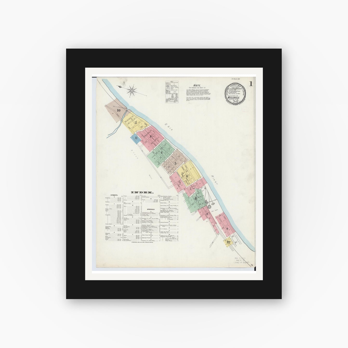 Old map wall art mockup — black gallery frame with white mat — Sanborn Fire Insurance Map from Wellsville, Columbiana County, Ohio (1897) - Complete Map Set