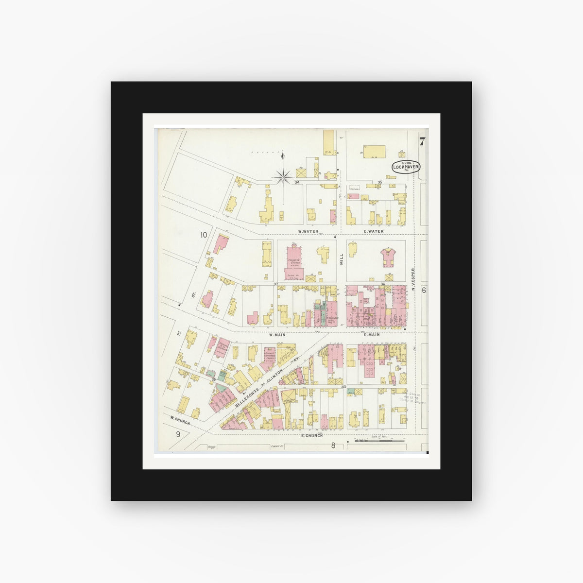 Old map wall art mockup — black gallery frame with white mat — Sanborn Fire Insurance Map from Lock Haven, Clinton County, Pennsylvania (1896), Sheet #0007