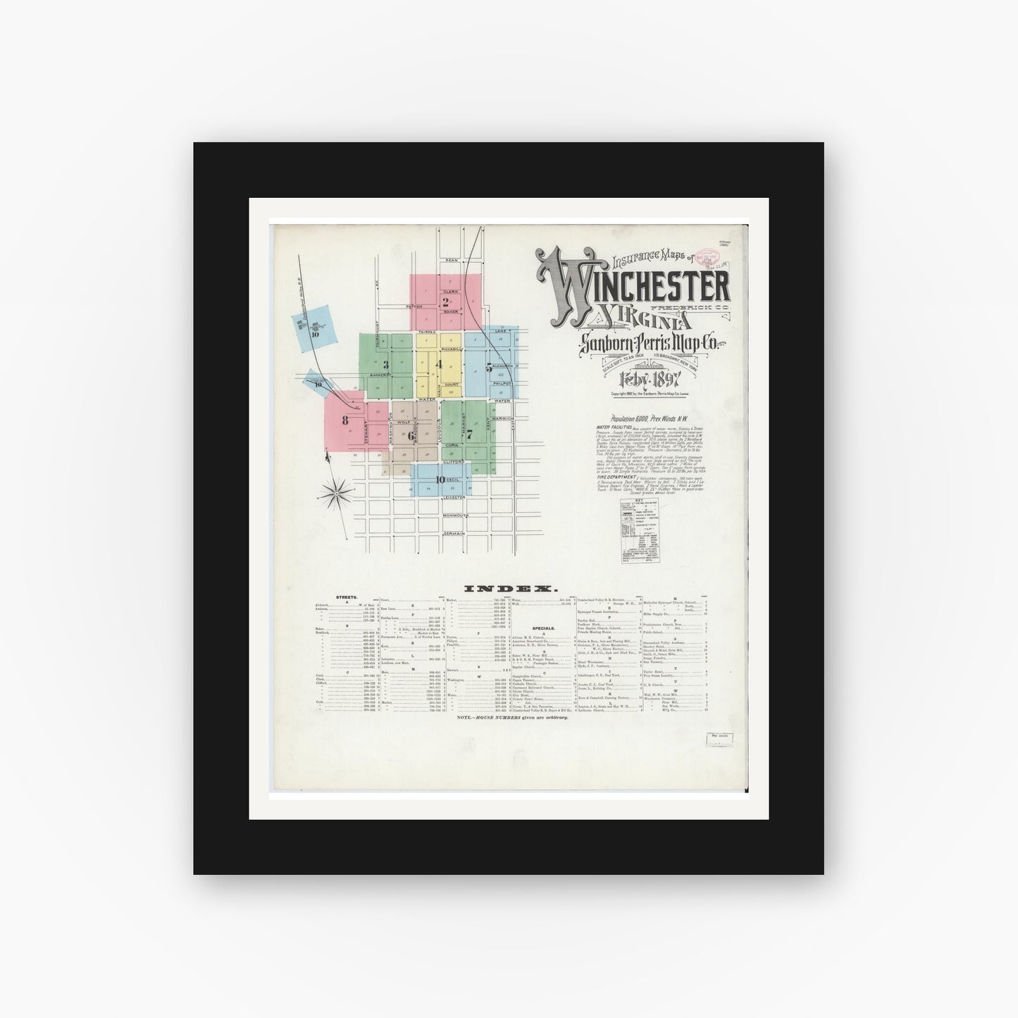 Old map wall art mockup — black gallery frame with white mat — Sanborn Fire Insurance Map from Winchester, Independent Cities, Virginia (1897) - Complete Map Set