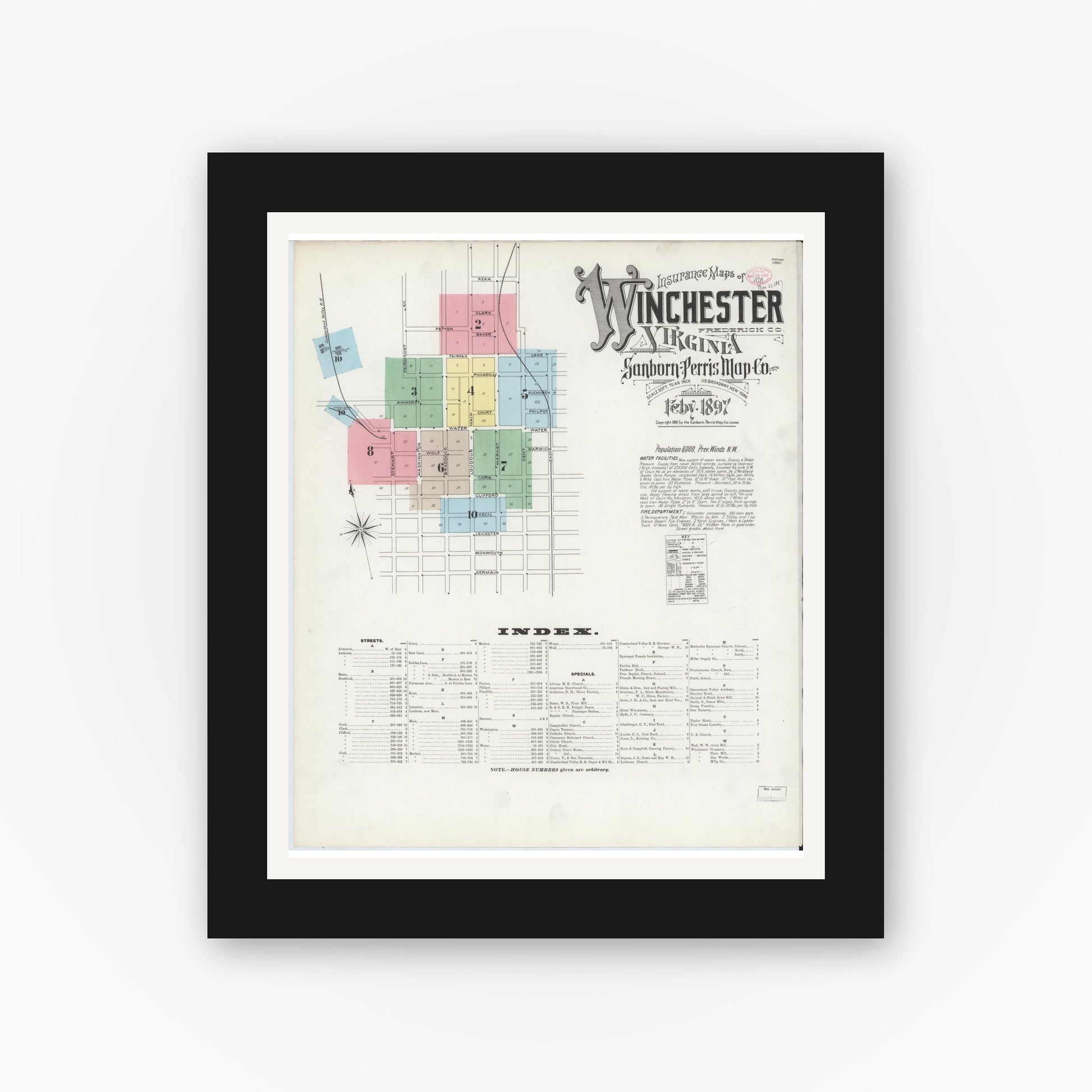 Old map wall art mockup — black gallery frame with white mat — Sanborn Fire Insurance Map from Winchester, Independent Cities, Virginia (1897) - Complete Map Set