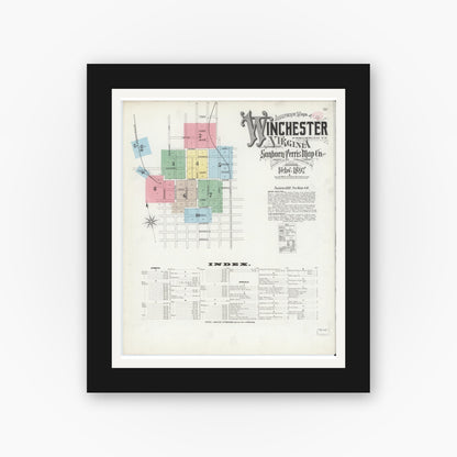 Old map wall art mockup — black gallery frame with white mat — Sanborn Fire Insurance Map from Winchester, Independent Cities, Virginia (1897) - Complete Map Set