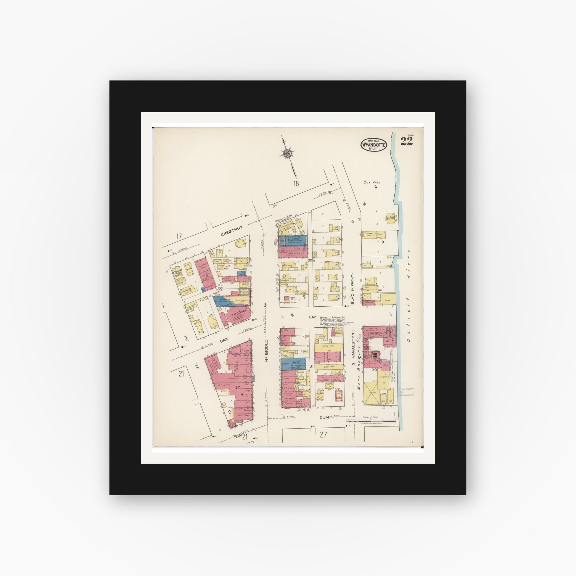 Old map wall art mockup — black gallery frame with white mat — Sanborn Fire Insurance Map from Wyandotte, Wayne County, Michigan (1922), Sheet #0022