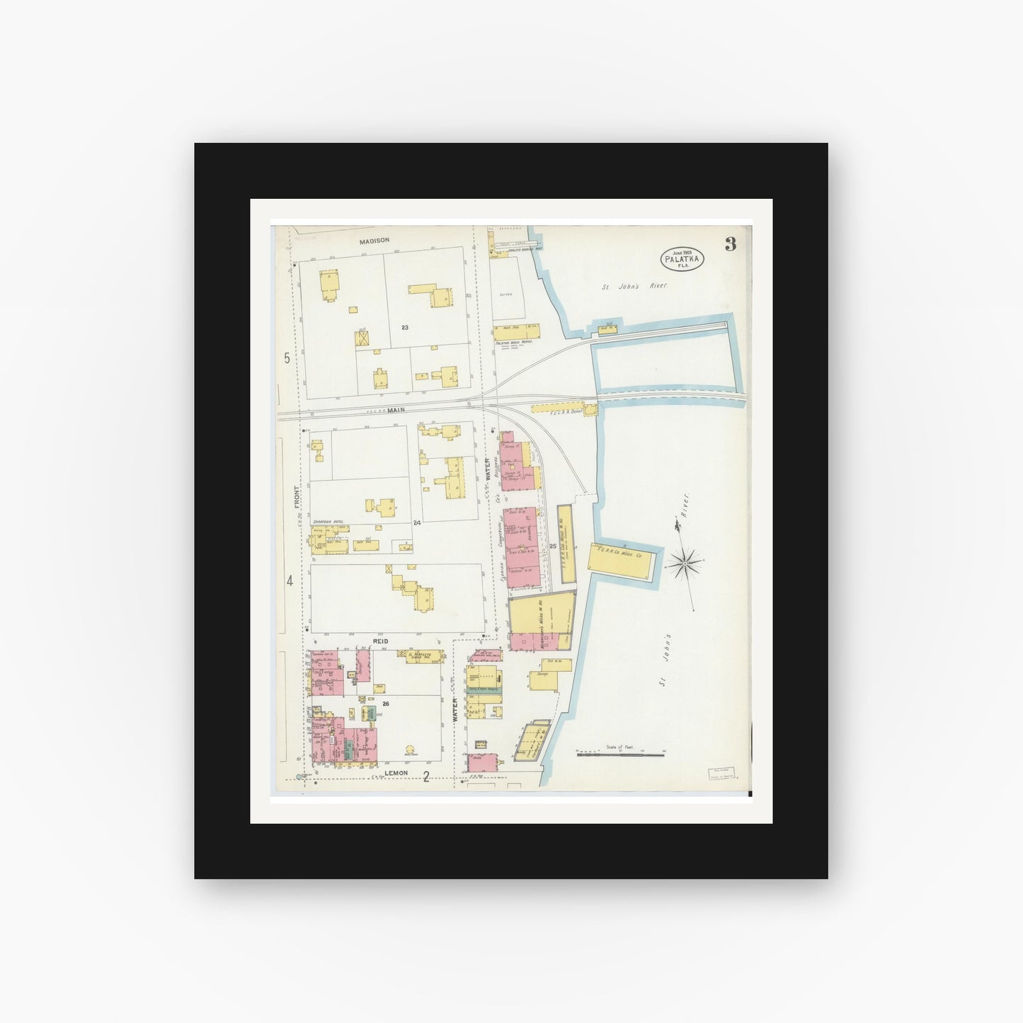 Old map wall art mockup — black gallery frame with white mat — Sanborn Fire Insurance Map from Palatka, Putnam County, Florida (1903), Sheet #0003