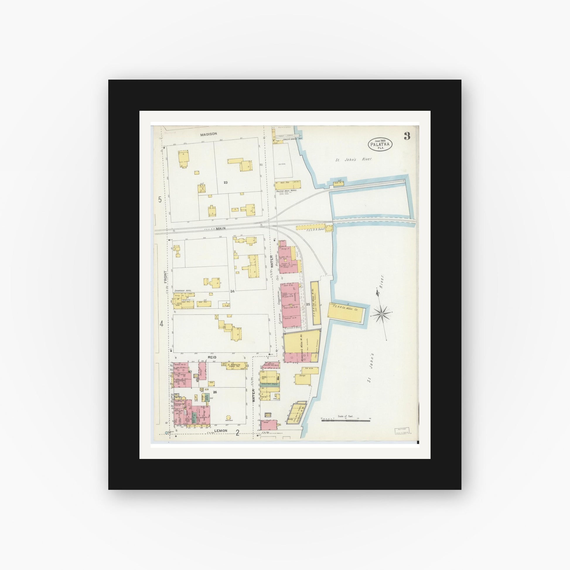 Old map wall art mockup — black gallery frame with white mat — Sanborn Fire Insurance Map from Palatka, Putnam County, Florida (1903), Sheet #0003