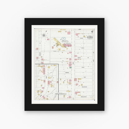 Old map wall art mockup — black gallery frame with white mat — Sanborn Fire Insurance Map from Columbia, Monroe County, Illinois (1899), Sheet #0004