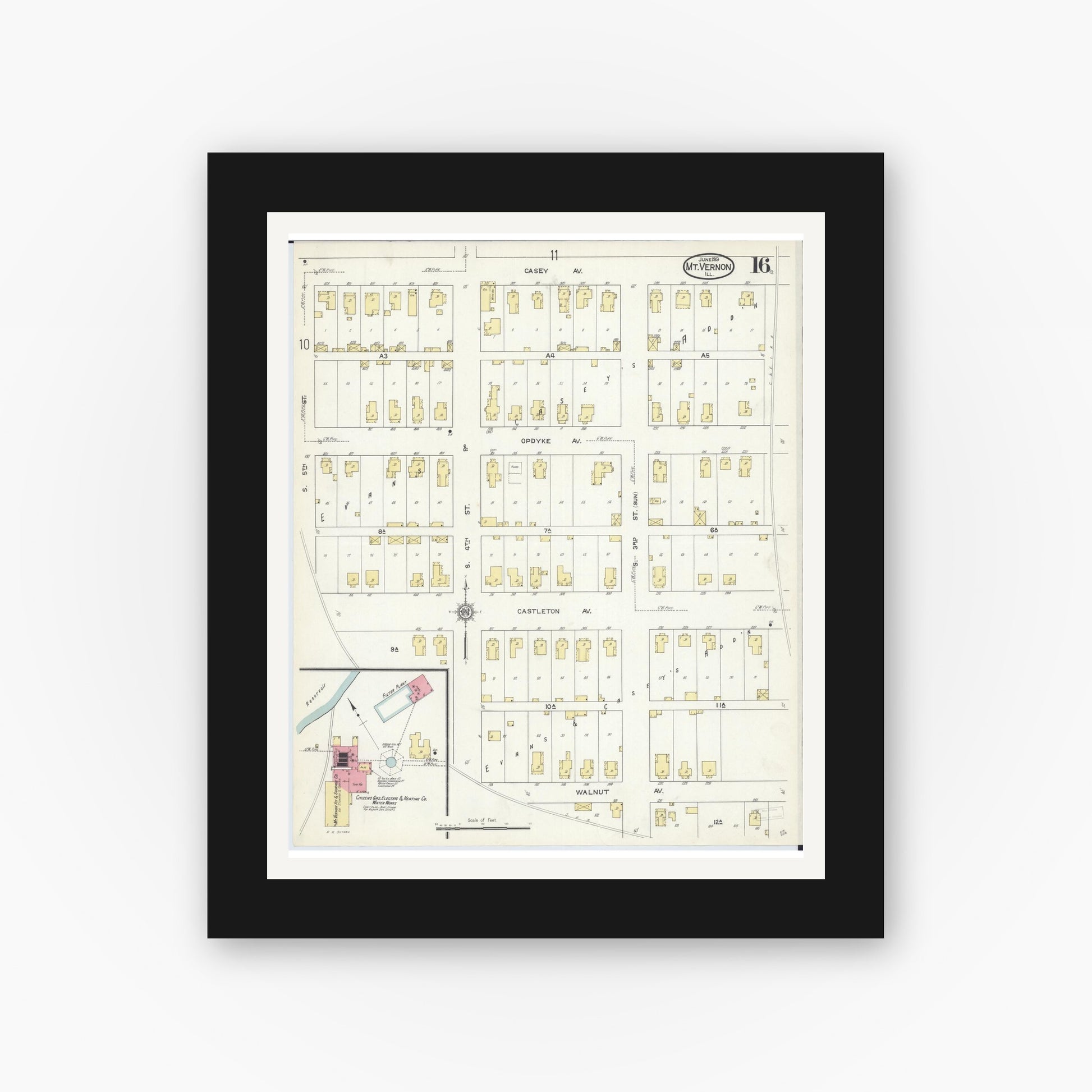 Old map wall art mockup — black gallery frame with white mat — Sanborn Fire Insurance Map from Mount Vernon, Jefferson County, Illinois (1913), Sheet #0016