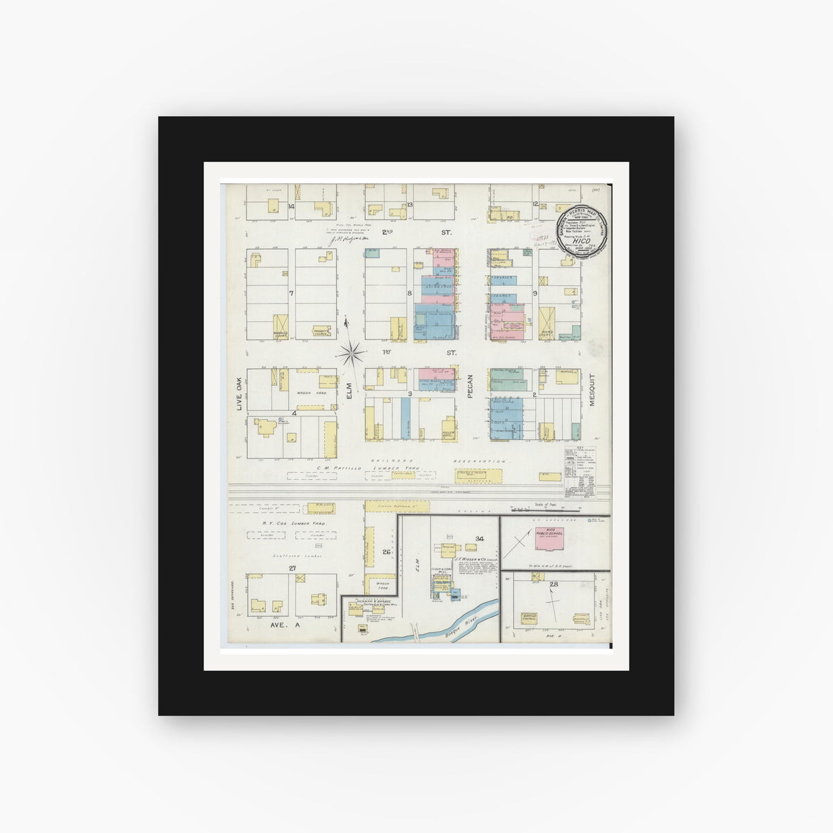 Old map wall art mockup — black gallery frame with white mat — Sanborn Fire Insurance Map from Hico, Hamilton County, Texas (1893), Sheet #0001