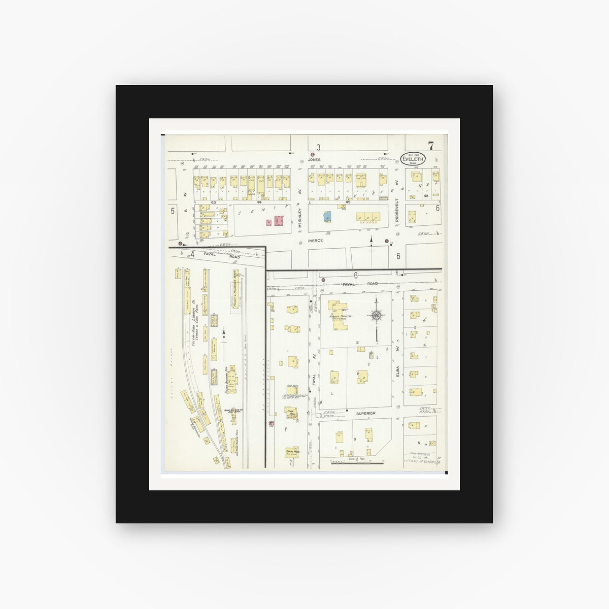 Old map wall art mockup — black gallery frame with white mat — Sanborn Fire Insurance Map from Eveleth, Saint Louis County, Minnesota (1912), Sheet #0007