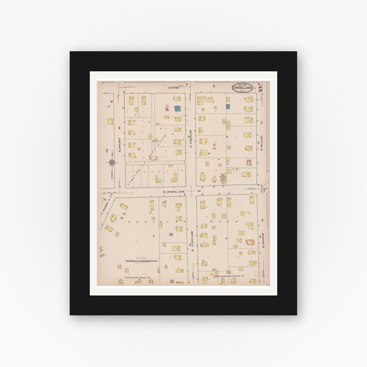 Old map wall art mockup — black gallery frame with white mat — Sanborn Fire Insurance Map from Crystal Lake, McHenry County, Illinois (1921), Sheet #0005