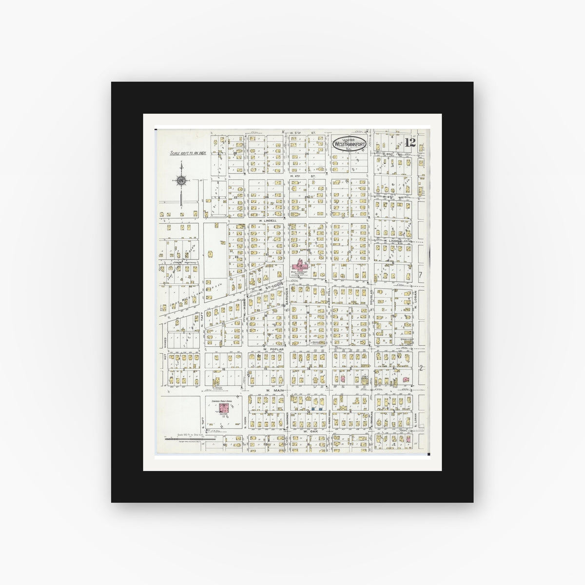 Old map wall art mockup — black gallery frame with white mat — Sanborn Fire Insurance Map from West Frankfort, Franklin County, Illinois (1919), Sheet #0012