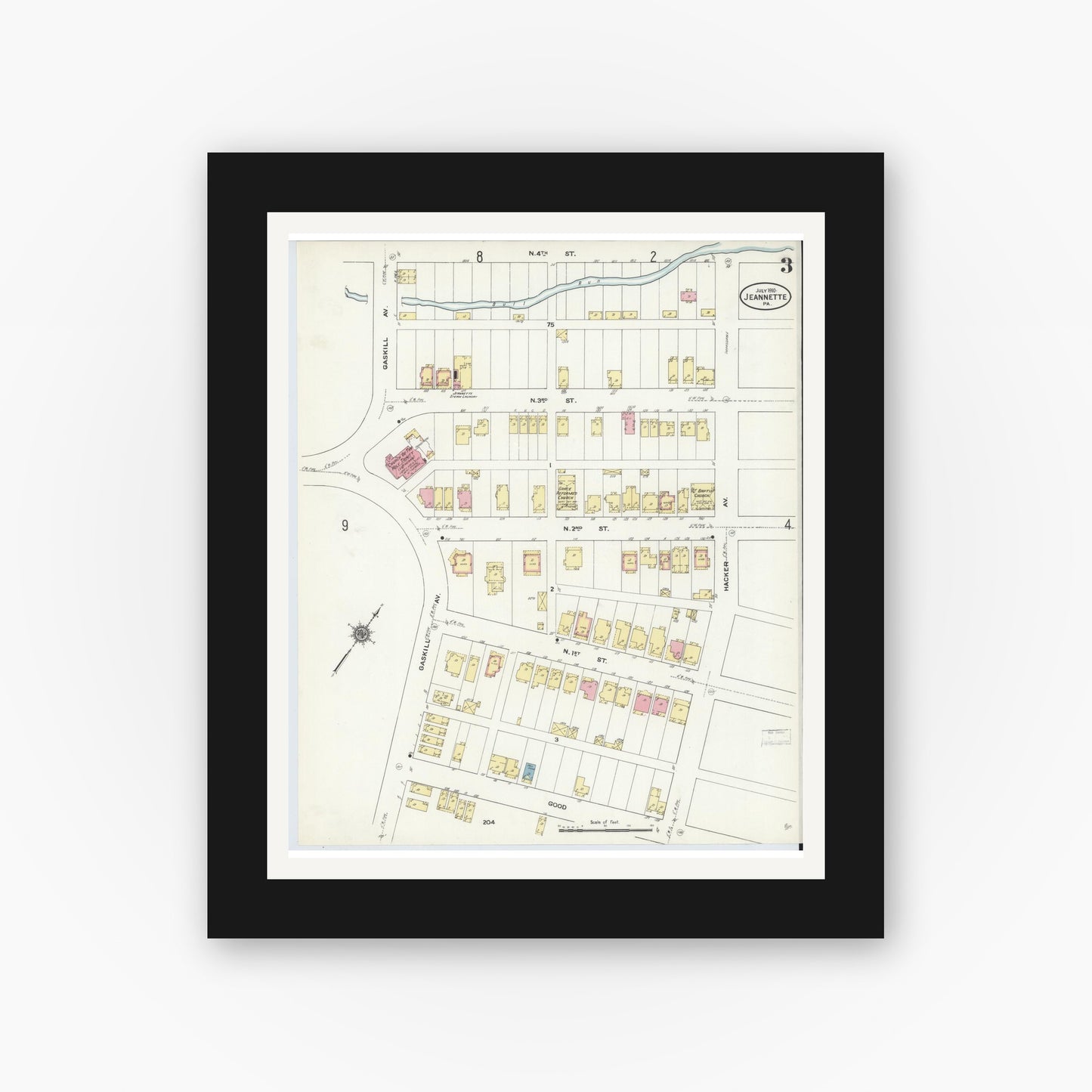 Old map wall art mockup — black gallery frame with white mat — Sanborn Fire Insurance Map from Jeannette, Westmoreland County, Pennsylvania (1910), Sheet #0003