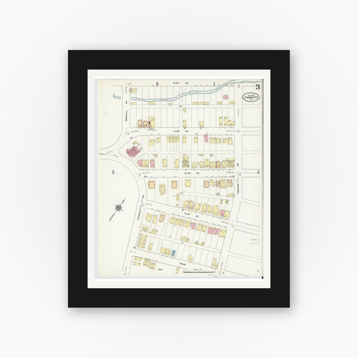 Old map wall art mockup — black gallery frame with white mat — Sanborn Fire Insurance Map from Jeannette, Westmoreland County, Pennsylvania (1910), Sheet #0003