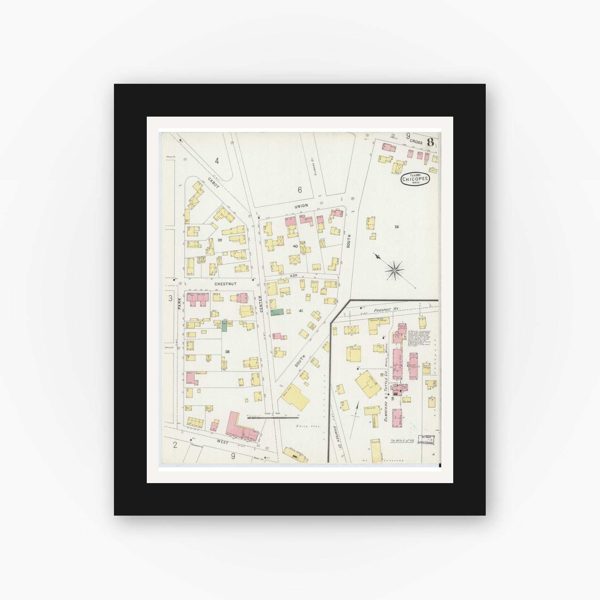 Old map wall art mockup — black gallery frame with white mat — Sanborn Fire Insurance Map from Chicopee, Hampden County, Massachusetts (1896), Sheet #0008