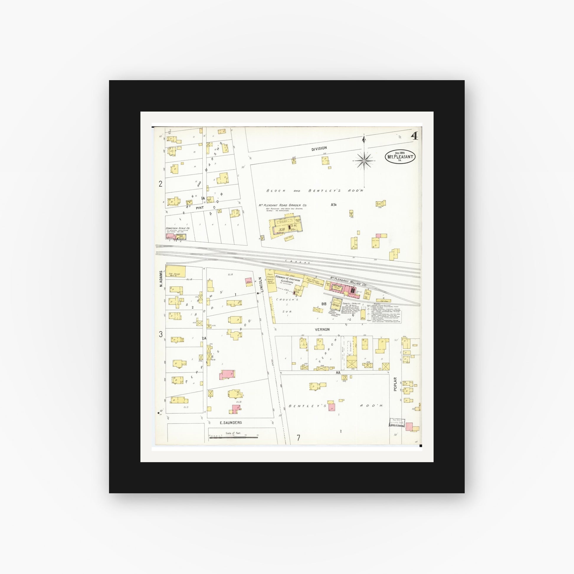 Old map wall art mockup — black gallery frame with white mat — Sanborn Fire Insurance Map from Mount Pleasant, Henry County, Iowa (1899), Sheet #0004