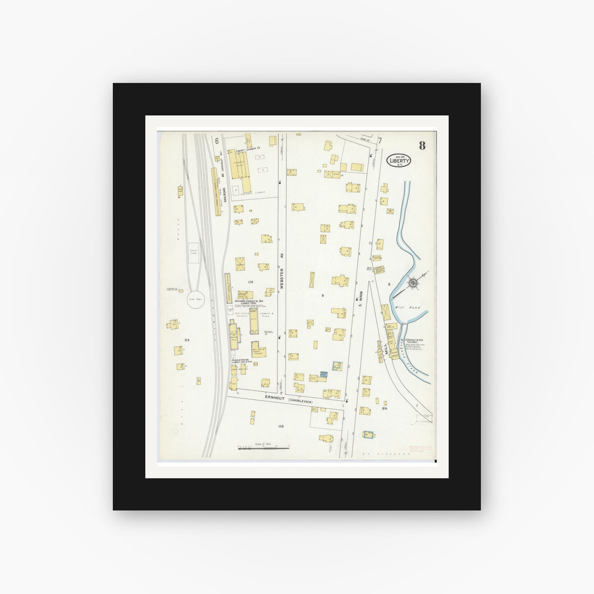 Old map wall art mockup — black gallery frame with white mat — Sanborn Fire Insurance Map from Liberty, Sullivan County, New York (1916), Sheet #0008