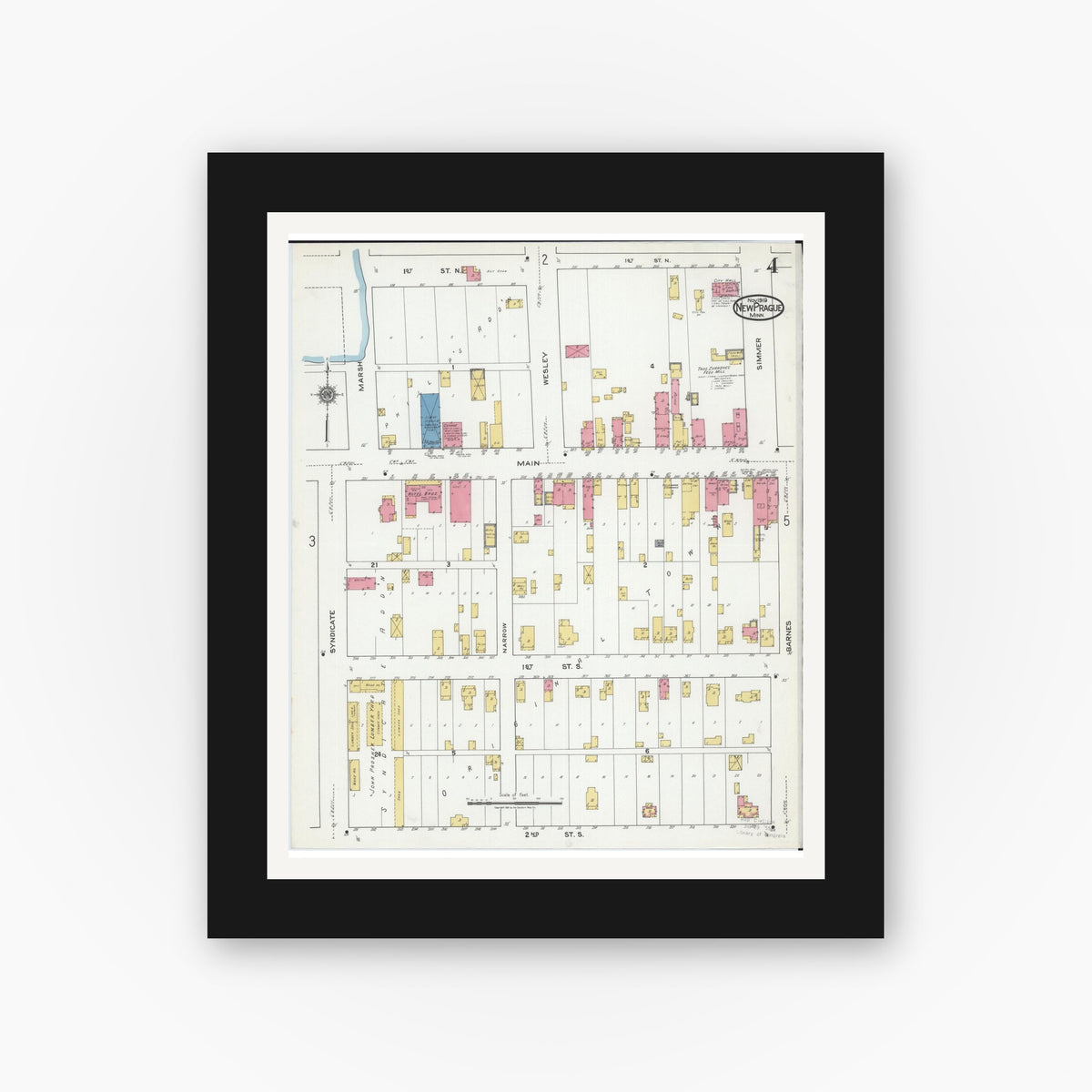 Old map wall art mockup — black gallery frame with white mat — Sanborn Fire Insurance Map from New Prague, Scott And Le Sueur, Minnesota (1919), Sheet #0004