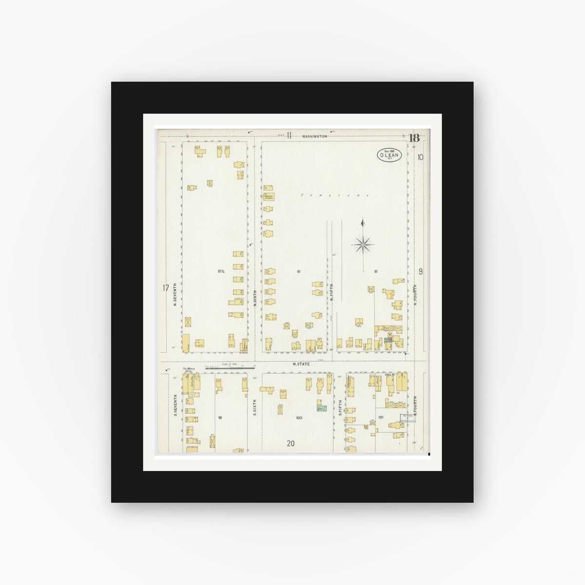 Old map wall art mockup — black gallery frame with white mat — Sanborn Fire Insurance Map from Olean, Cattaraugus County, New York (1898), Sheet #0018