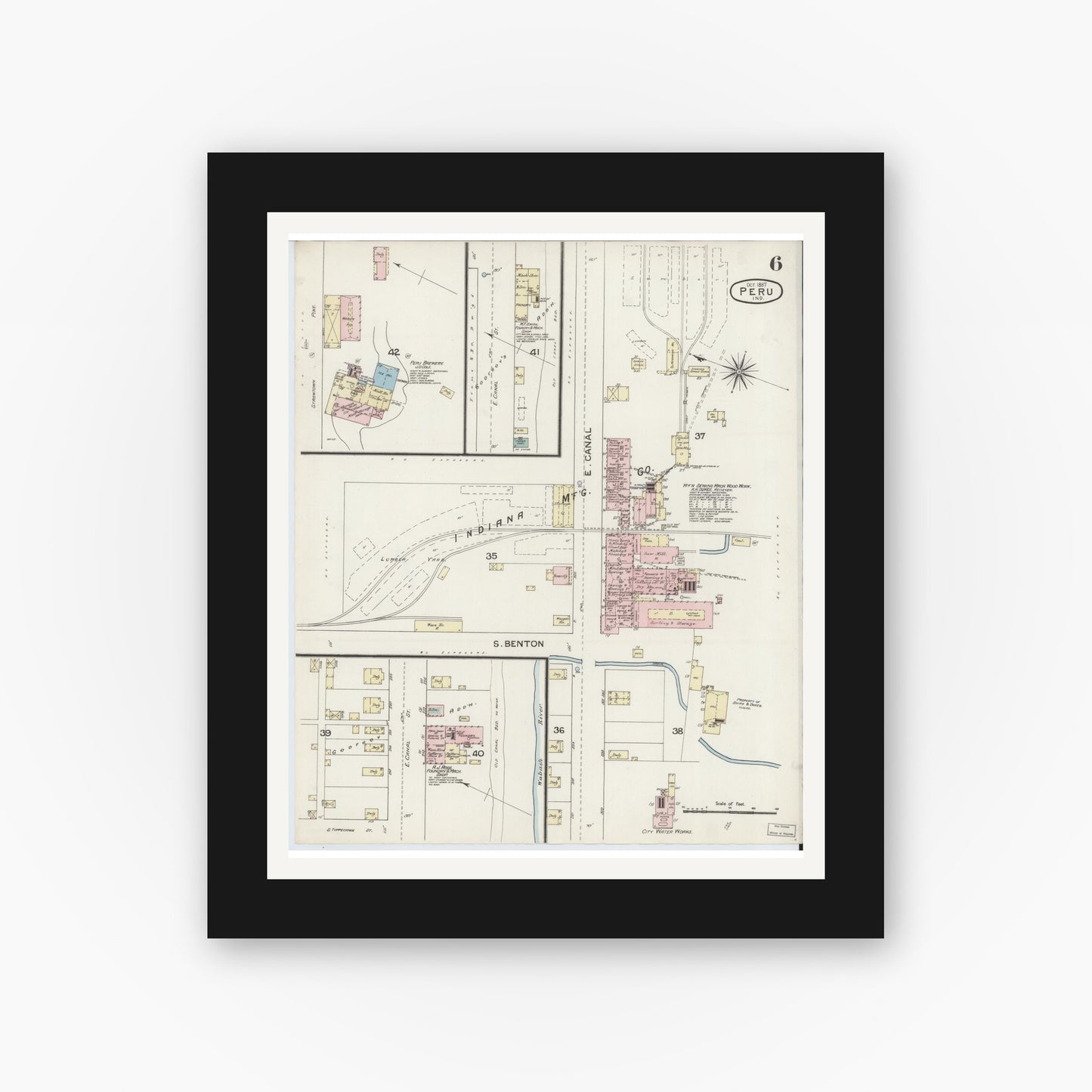 Old map wall art mockup — black gallery frame with white mat — Sanborn Fire Insurance Map from Peru, Miami County, Indiana (1887), Sheet #0006