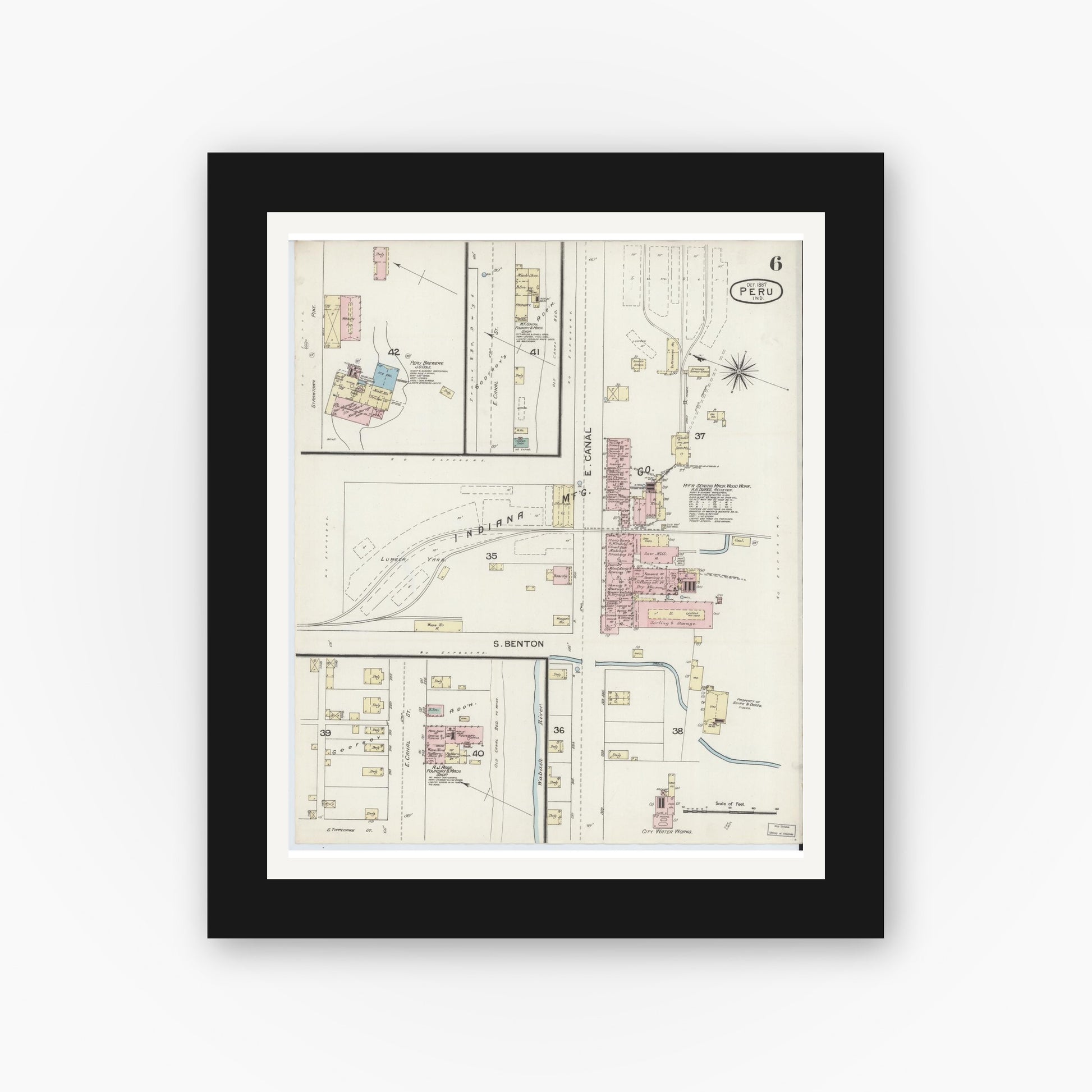 Old map wall art mockup — black gallery frame with white mat — Sanborn Fire Insurance Map from Peru, Miami County, Indiana (1887), Sheet #0006