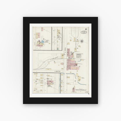 Old map wall art mockup — black gallery frame with white mat — Sanborn Fire Insurance Map from Peru, Miami County, Indiana (1887), Sheet #0006