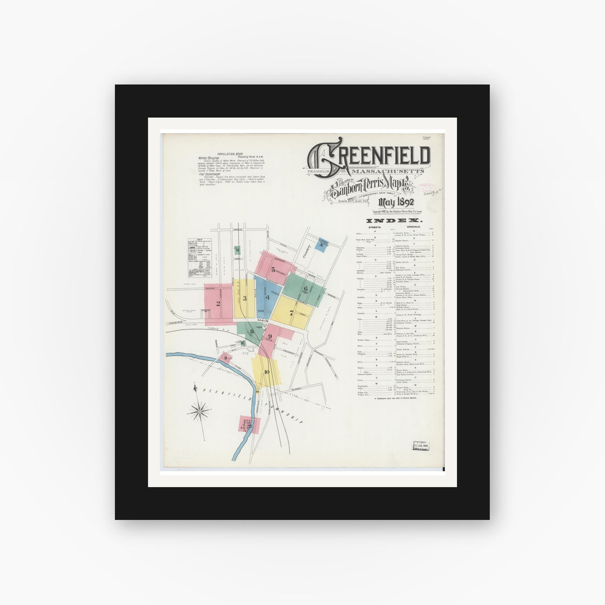 Old map wall art mockup — black gallery frame with white mat — Sanborn Fire Insurance Map from Greenfield, Franklin County, Massachusetts (1892), Sheet #0001