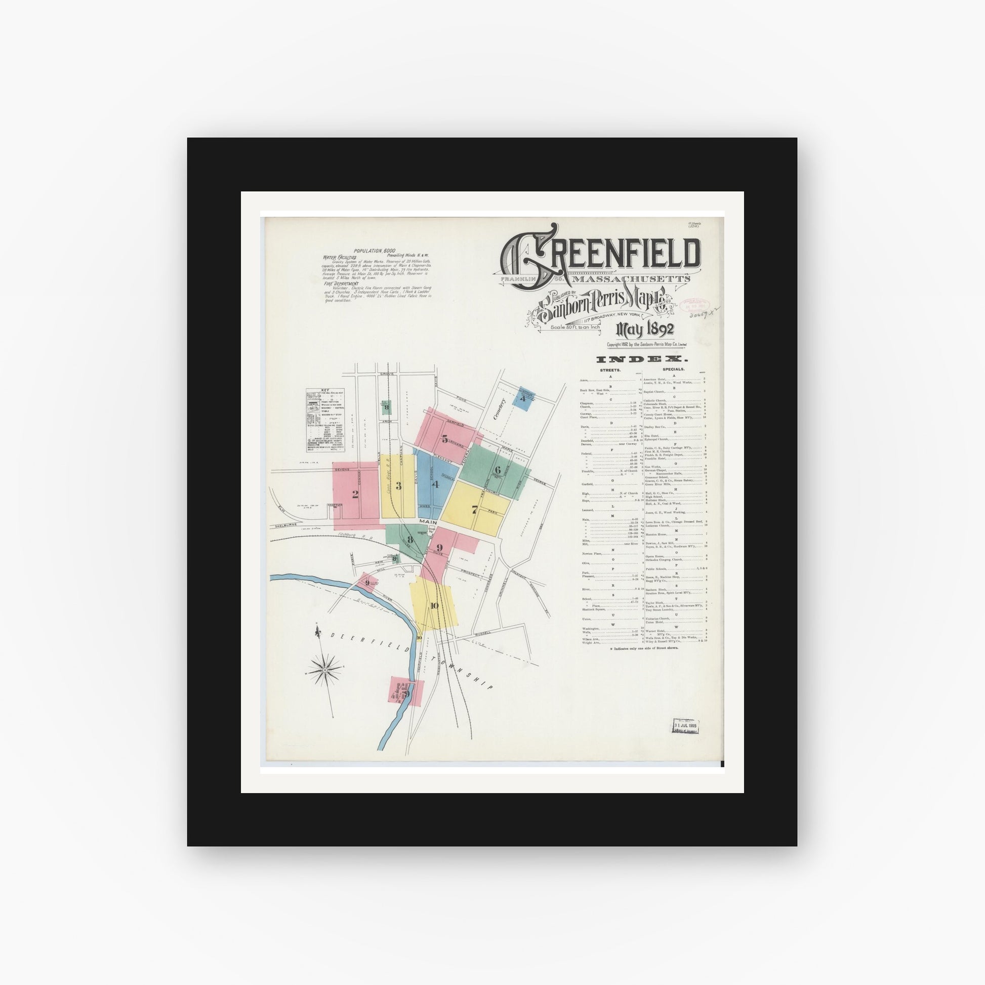 Old map wall art mockup — black gallery frame with white mat — Sanborn Fire Insurance Map from Greenfield, Franklin County, Massachusetts (1892), Sheet #0001