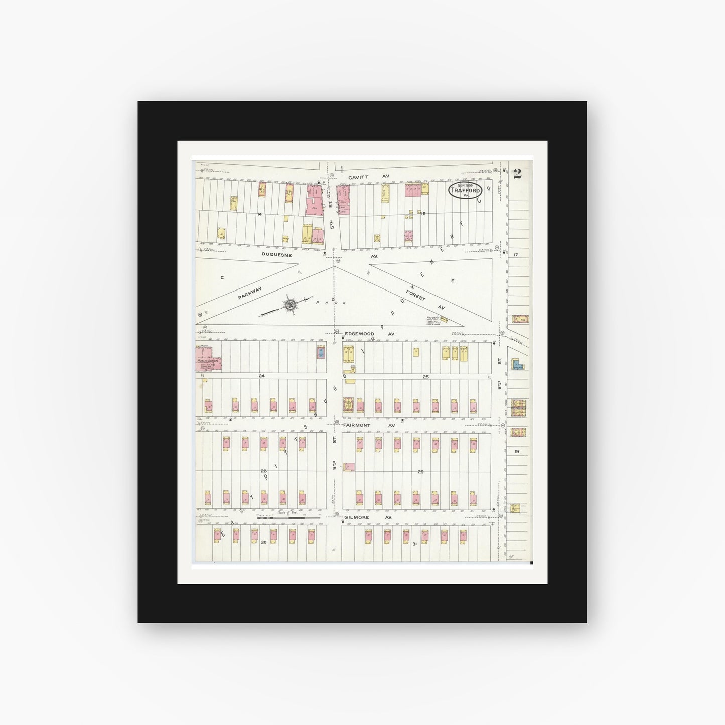 Old map wall art mockup — black gallery frame with white mat — Sanborn Fire Insurance Map from Trafford, Westmoreland County, Pennsylvania (1909), Sheet #0002