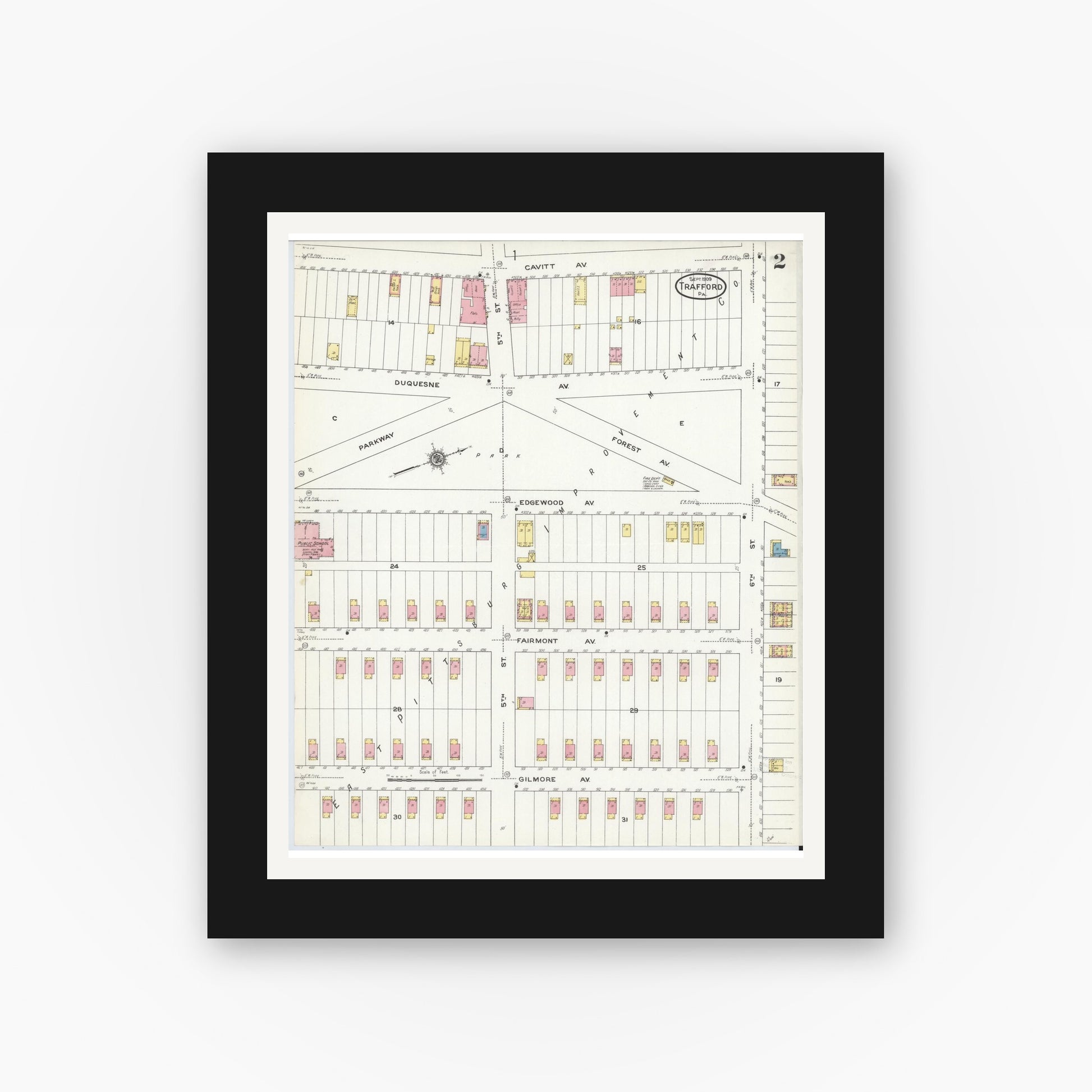 Old map wall art mockup — black gallery frame with white mat — Sanborn Fire Insurance Map from Trafford, Westmoreland County, Pennsylvania (1909), Sheet #0002