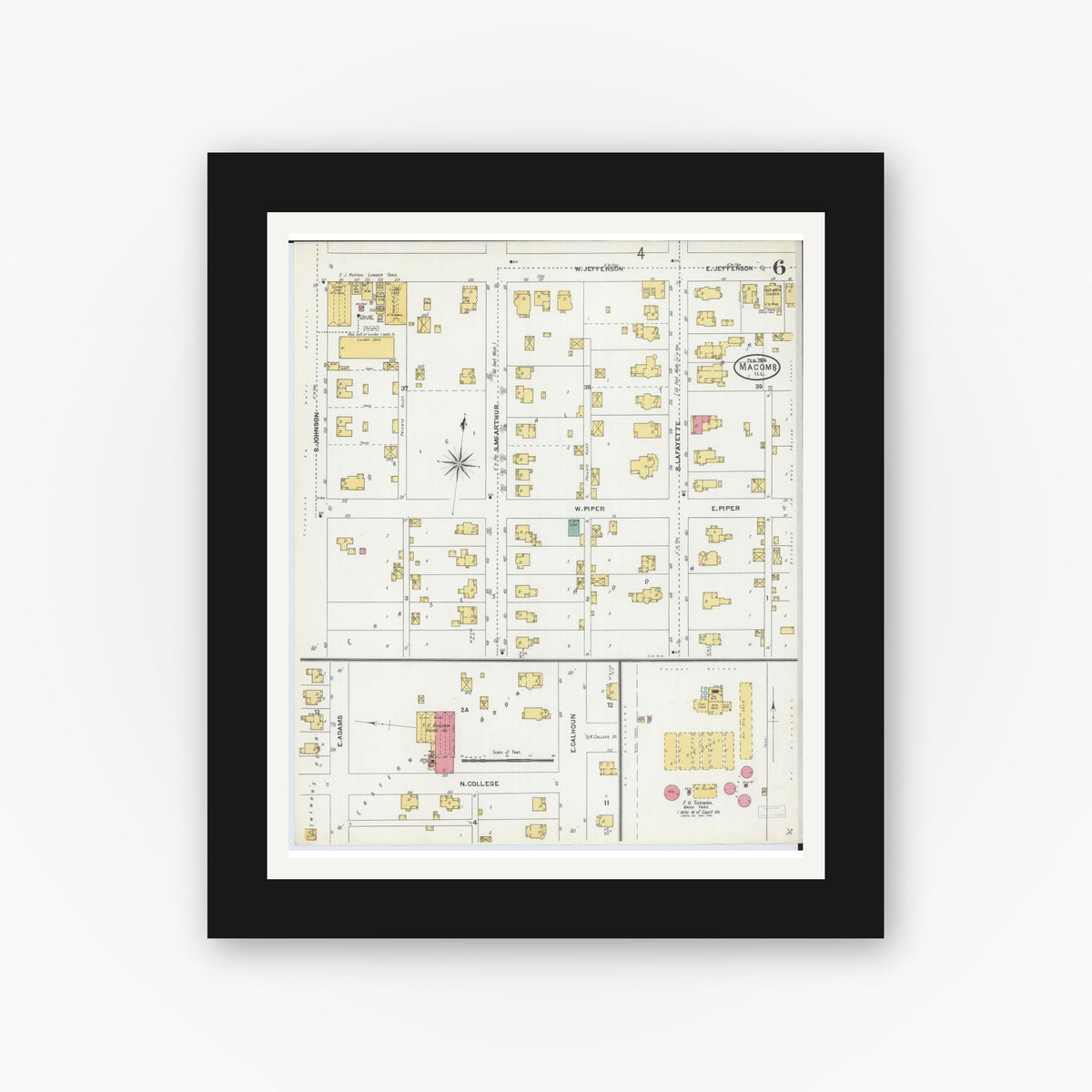 Old map wall art mockup — black gallery frame with white mat — Sanborn Fire Insurance Map from Macomb, Mcdonough County, Illinois (1906), Sheet #0006