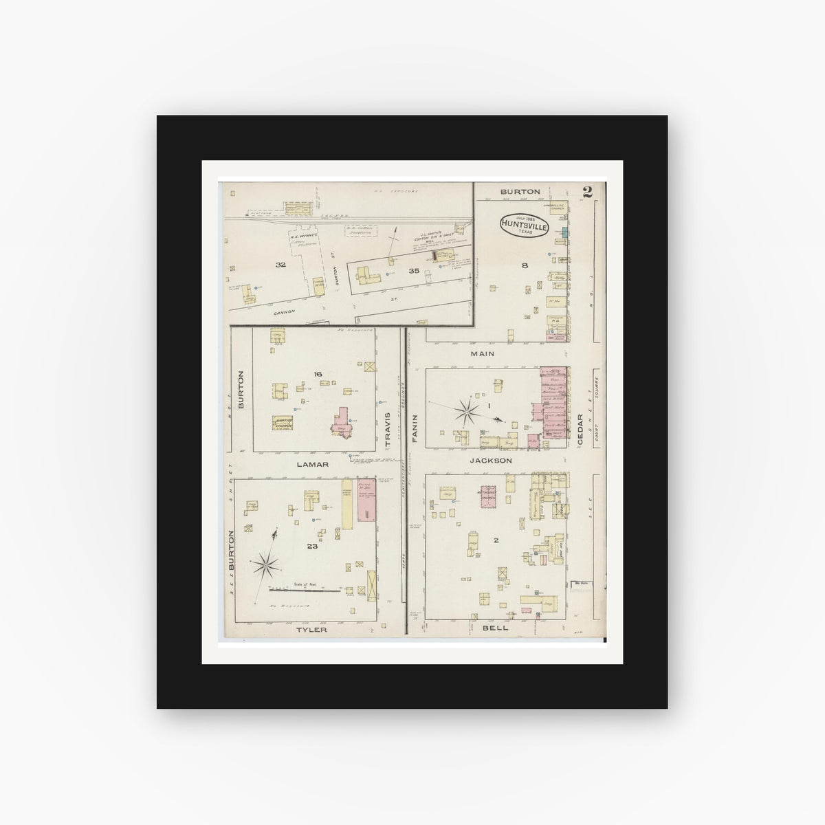 Old map wall art mockup — black gallery frame with white mat — Sanborn Fire Insurance Map from Huntsville, Walker County, Texas (1885), Sheet #0002