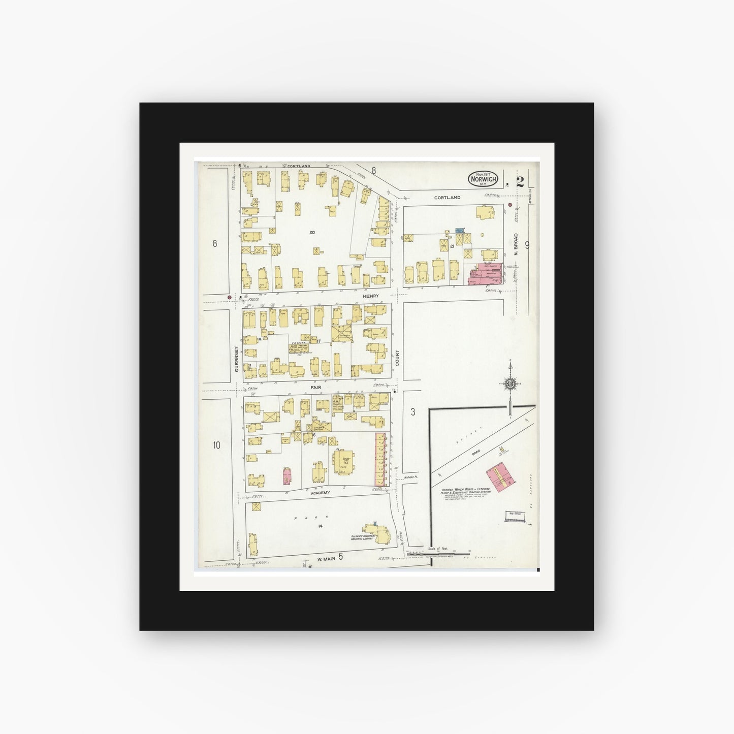 Old map wall art mockup — black gallery frame with white mat — Sanborn Fire Insurance Map from Norwich, Chenango County, New York (1917), Sheet #0002